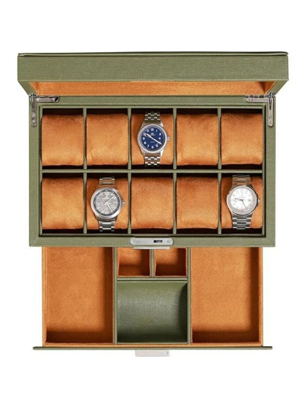 Leather Watch Box with Glass Top 10 Slot Display Valet Drawer Jewelry Holder